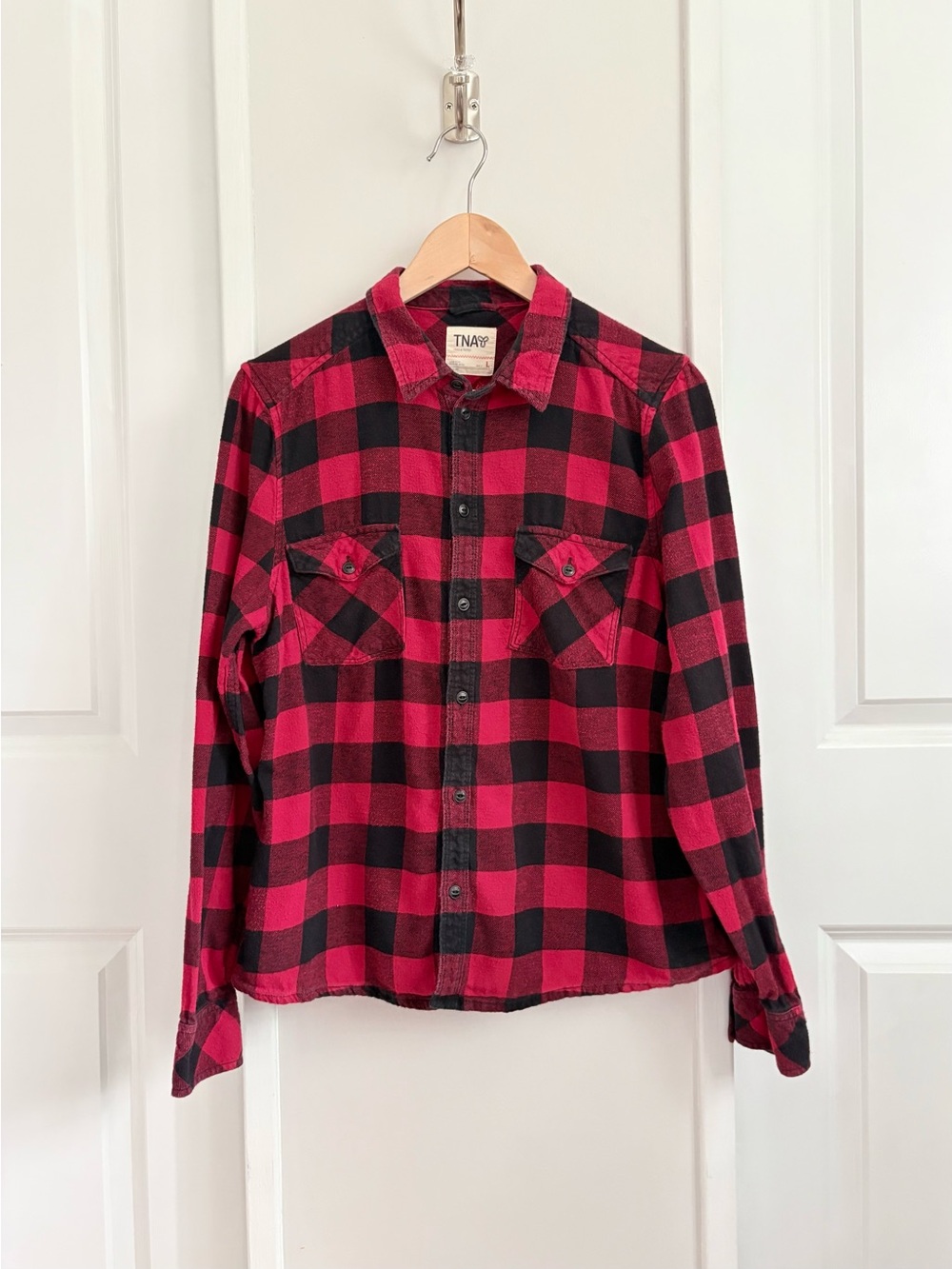 TNA Aritzia Red & Black Buffalo Plaid Flannel Shirt | Size L